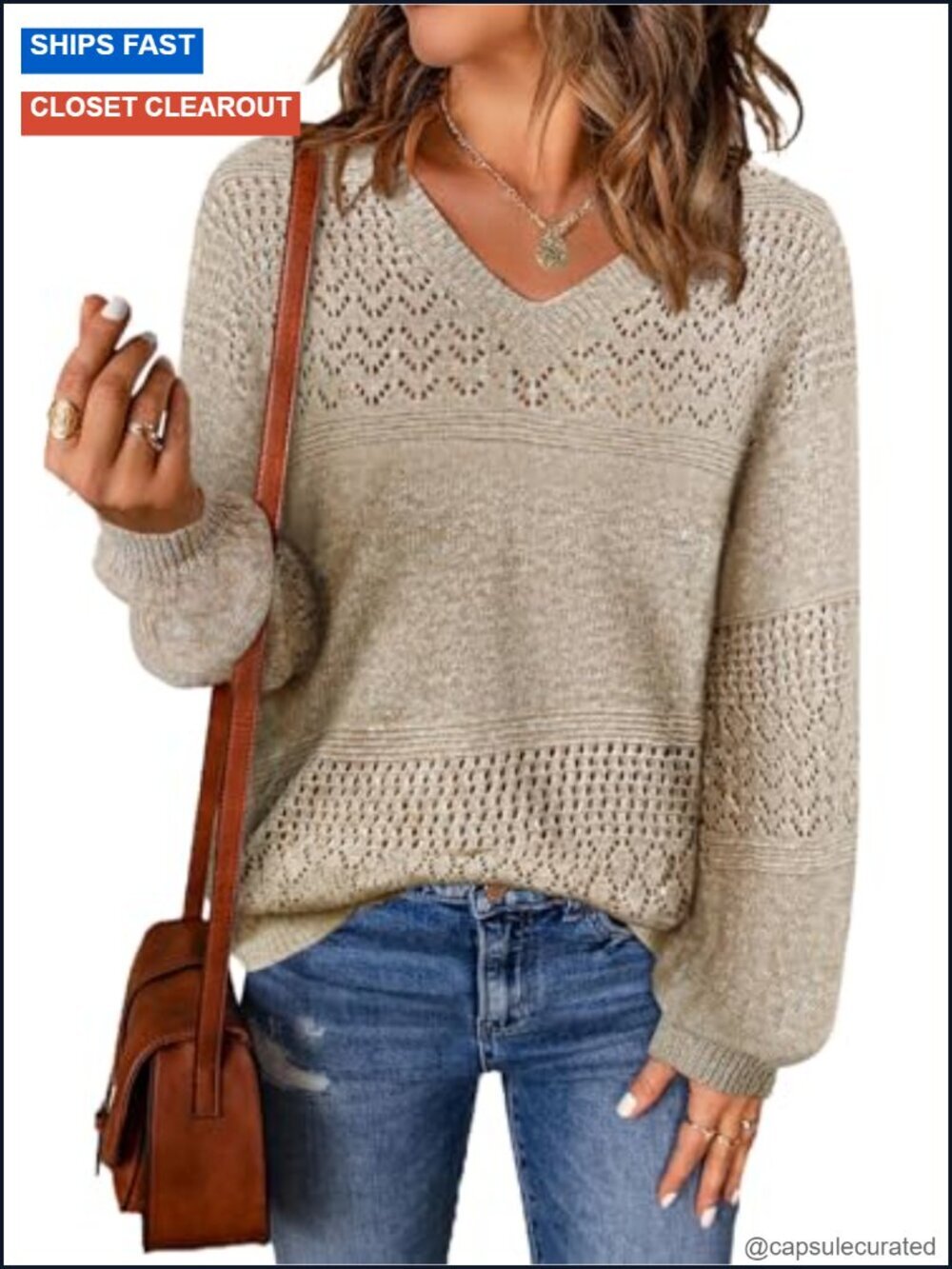 Womens V Neck Long Sleeve Oversized Cable Knit Sweater Pullover